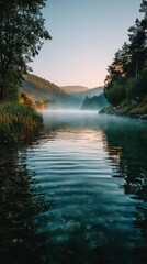 Serene Lake with Fog at Sunrise
