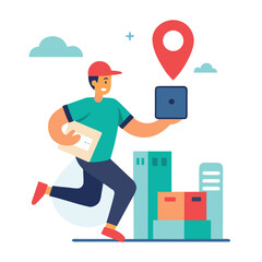 Dynamic delivery person in motion carrying packages and a tablet with location pin and cityscape in background