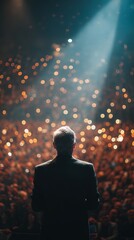 Confident Speaker on Stage Addressing an Engaged Audience