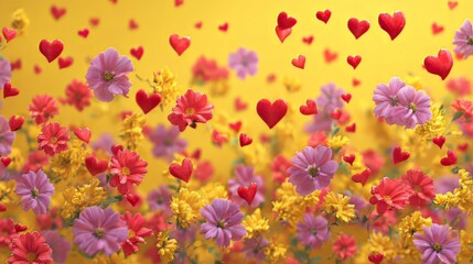 Ai generated image of floral arrangement with red hearts and pink and yellow flowers on a yellow background for valentines day and love concept