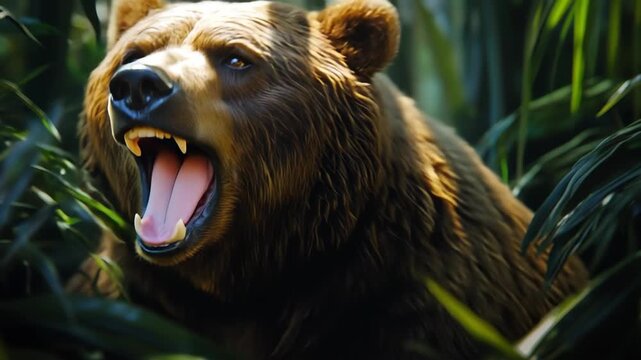 Powerful angry brown bear roaring in dense jungle vegetation, sharp teeth and open mouth, danger, wildlife aggression, predator strength, wilderness survival and untamed natural forest habitat.