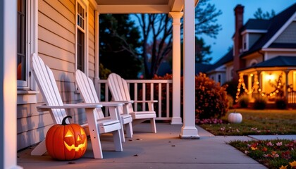 Halloween Haunted Porch with Jackolantern and Fog