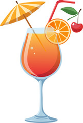 Modern and stylish flat design vector illustration of a colorful summer cocktail in a fancy glass, with a slice of orange, a cherry, and a small umbrella, refreshing and festive drink, isolated on a w