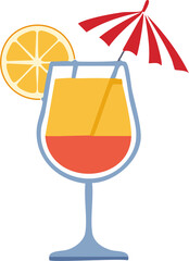 Modern and stylish flat design vector illustration of a colorful summer cocktail in a fancy glass, with a slice of orange, a cherry, and a small umbrella, refreshing and festive drink, isolated on a w