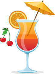 Modern and stylish flat design vector illustration of a colorful summer cocktail in a fancy glass, with a slice of orange, a cherry, and a small umbrella, refreshing and festive drink, isolated on a w