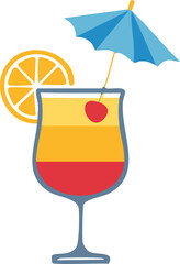 Modern and stylish flat design vector illustration of a colorful summer cocktail in a fancy glass, with a slice of orange, a cherry, and a small umbrella, refreshing and festive drink, isolated on a w