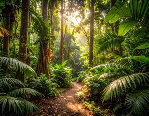Lush green tropical rainforest jungle path nature photography scenery