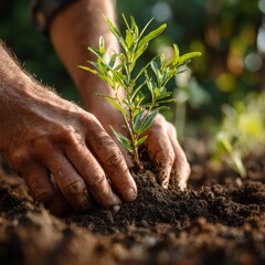 Hands Planting a Small Tree Sapling in Soil