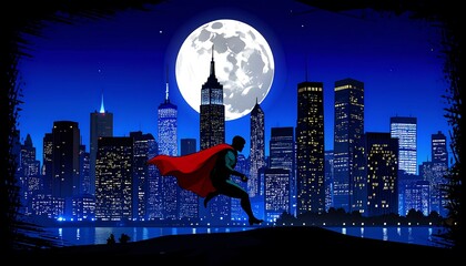 Silhouette of a superhero in front of a nighttime skyline with buildings