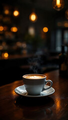 shot of espresso coffee in small porcelain cup on bar table