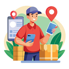 Delivery person navigating with mobile devices and packages illustrating logistics and location services
