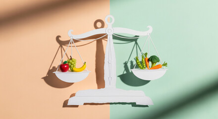 A conceptual representation of a balanced diet, with a white scale weighing fresh fruits and vegetables for nutritional health