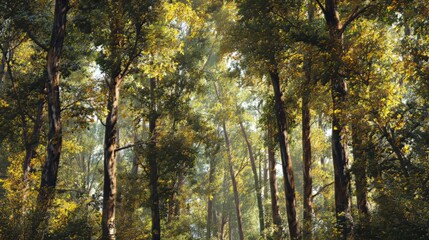 Obraz premium Ai generated image of sunlight filters through the canopy of tall trees in a dense forest, creating a serene and peaceful atmosphere in nature