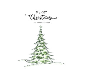  Merry Christmas Banner with a tree, light, and snow on the ground. 