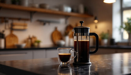 French press coffee maker with cup on kitchen counter