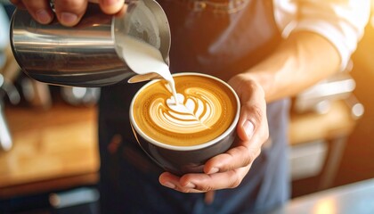 A barista carefully pours steamed milk into a cup of espresso, creating a beautiful latte art heart design in the creamy foam for a delightful coffee drink.