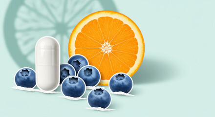 A modern conceptual collage of a dietary supplement capsule with a fresh orange slice and blueberries for a healthy lifestyle
