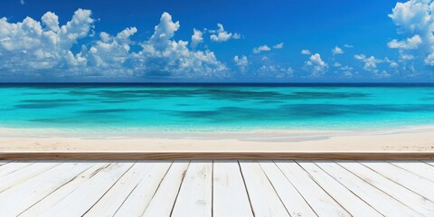 Fototapeta premium Enjoy Beach view from White Wood Deck on Vacation for Relaxing Time