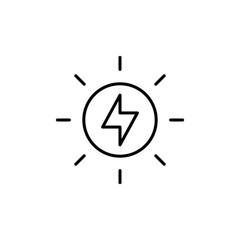Solar energy icon. Simple outline style. Sun with lightning bolt, technology, nature, eco, ecology, sunlight, environment concept. Thin line symbol. Vector isolated design