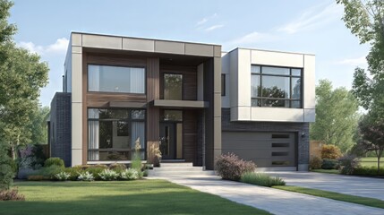 Ai generated image of modern twostory house with a flat roof, large windows, and a combination of wood, concrete, and brick facade materials