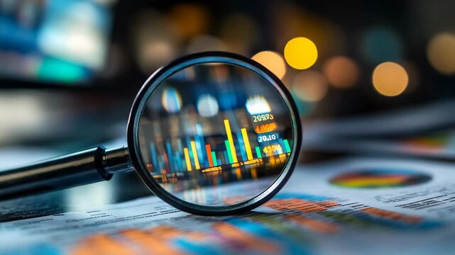 Magnifying glass focusing on financial charts and colorful graphs, investment analysis, stock market research, data growth, economic strategy, corporate finance and modern business investigation.