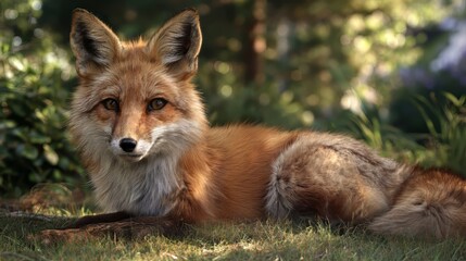 Fototapeta premium Ai generated image of a red fox is lying in the grass, looking at the camera with its beautiful eyes in a forest during a sunny day