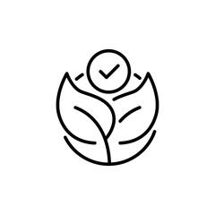 Eco acceptance icon. Simple outline style. Eco label with leaves and checkmark, tick, leaf, nature, tree, circle, plant, ecological concept. Thin line symbol. Vector isolated design