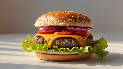 Delicious classic cheeseburger with fresh ingredients on sesame seed bun close up view