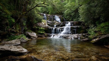 Ai generated image of a scenic waterfall cascading down rocks surrounded by lush green trees, creating a tranquil and idyllic natural landscape