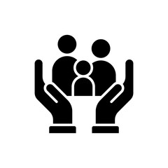 Family care icon. Simple solid style. Two hands holding or hugging group people, group life insurance, caring hands family medicine concept. Silhouette, glyph symbol. Vector isolated design