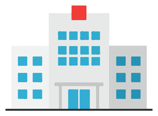 A flat vector illustration of a hospital building with a red cross on top and blue doors.