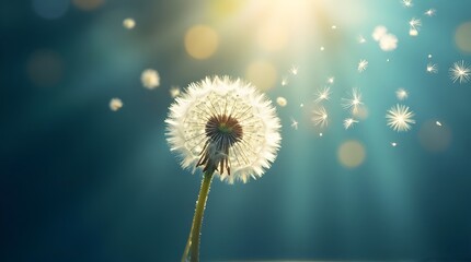 Dreamy dandelion seeds floating serenely in soft light, symbolizing hope and new beginnings with bokeh background