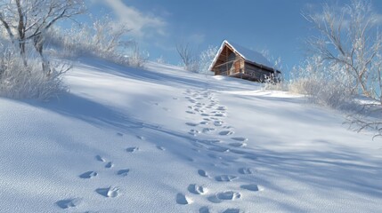 Obraz premium Ai generated image of a charming cabin is nestled on a snow covered hill, with footprints leading up to it on a bright winter day in the countryside
