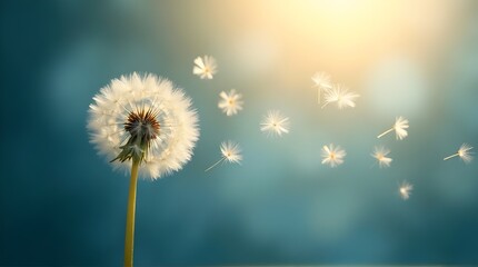 Delicate dandelion seeds drift in the breeze against a soft blue and yellow background, inspiring calm and peace