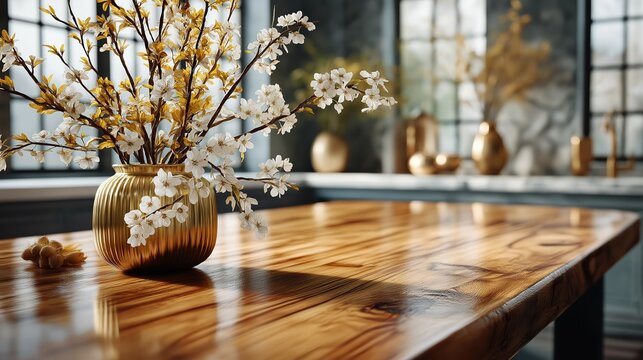 A vase with white flowers sits on a wooden table