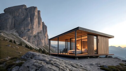 Obraz premium Modern mountain cabin with panoramic views and rocky landscape