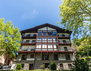 Alpine style building under clear sky