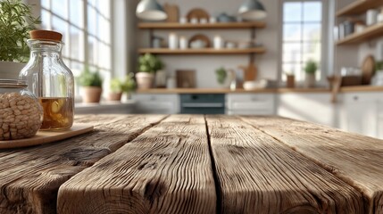 A wooden table with a jar of honey on it