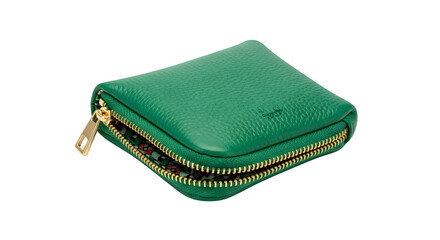 Stylish green leather coin purse with golden zipper isolated on transparent background, perfect for carrying your money and small essentials in style