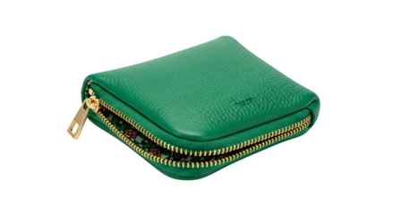 Stylish green leather coin purse with golden zipper isolated on transparent background, perfect for carrying your money and small essentials in style
