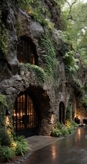 Obraz premium Cave-like structure with arched openings, dark doors, and greenery
