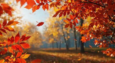 Fototapeta premium An autumnal forest scene with vibrant orange and yellow leaves, some falling, creating a serene and colorful landscape.