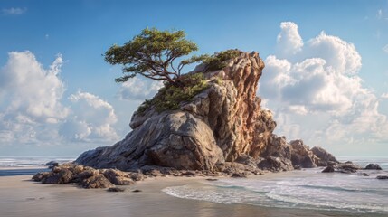 Ai generated image of a solitary tree perched atop a rocky outcrop, surrounded by the vast ocean and a serene beach under a partly cloudy sky