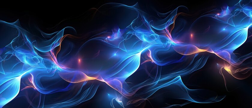 Ethereal blue waves with golden accents and sparkling lights on a dark backdrop