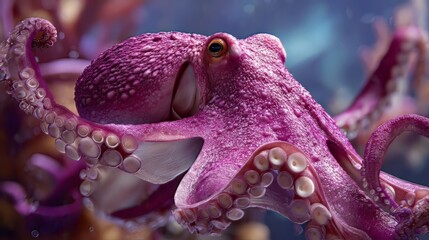 Ai generated image of close up of a vibrant pink octopus with detailed skin and tentacles in an underwater setting, showcasing the beauty of marine life