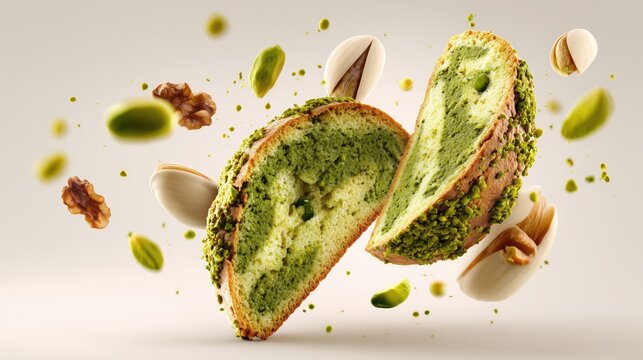 Growth and continuous learning in business development with pistachio pastry and floating nuts