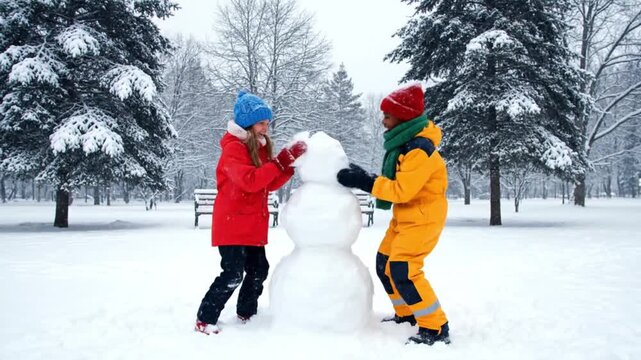Happy Children Building Snowman in Winter Park