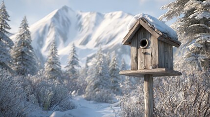 Ai generated image of a rustic wooden birdhouse stands in a snowy winter landscape with snowcovered mountains and trees in the background