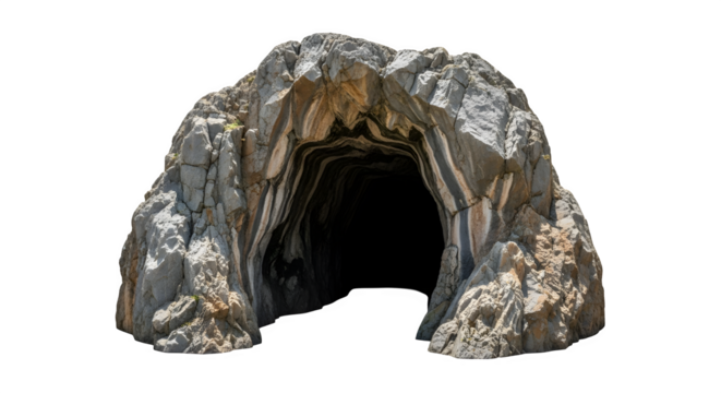 Rock cave isolated on transparent background, a natural stone formation with a dark entrance, inviting exploration and adventure in the wilderness