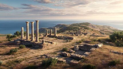 Ai generated image of panoramic view of the ancient city of assos ruins with the aegean sea in the background under a cloudy sky in turkey
